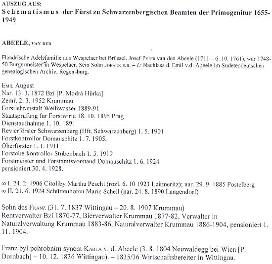 Výtah ze schematismu knížecích schwarzenberských úředníků na jeho jméno