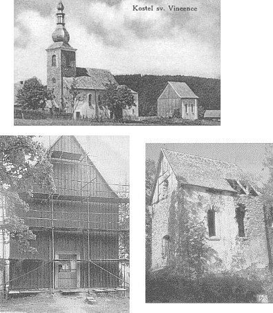 Kostel sv. Vincence v Hůrce se hřbitovní kaplí; kaple během renovace a před ní