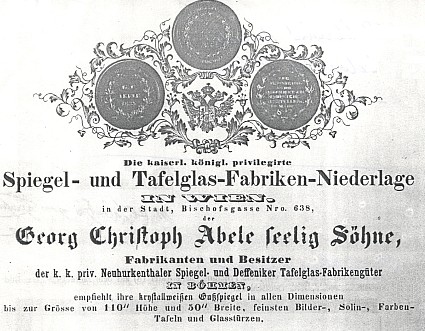 Reklamní tabule abeleovských skláren z roku 1840