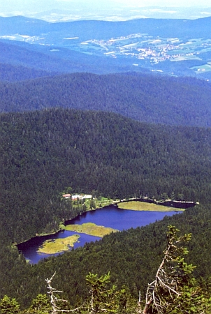 Pohled z Velkého Javoru na Malé Javorské jezero