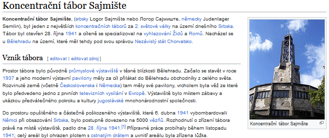 Heslo koncentračního tábora Sajmište na Wikipedii (klikněte na náhled)