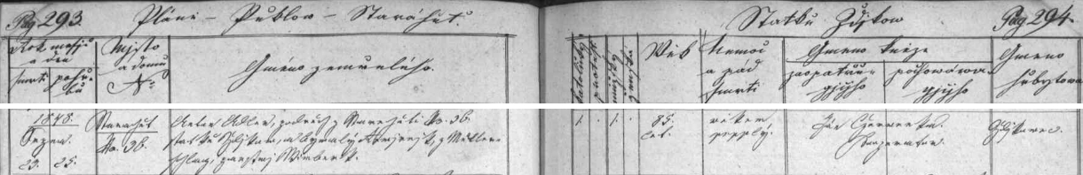 Česky psaný záznam úmrtní matriky farní obce Zdíkovec o jeho skonu ve Starých Hutích čp. 36 dne 23. srpna roku 1848 a pohřbu ve Zdíkovci dva dny nato