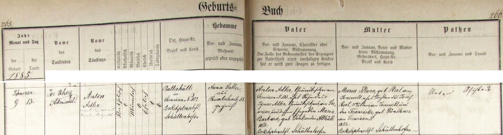 Záznam o jeho narození v křestní matrice farní obce Zejbiš (Javorná) s přípisem o svatbě