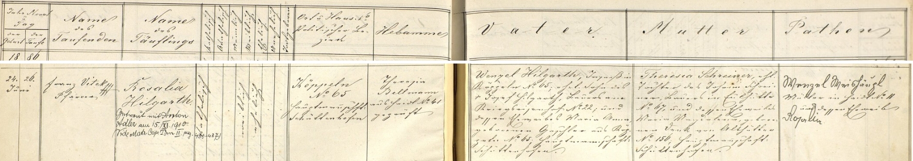 Záznam o narození manželčině v křestní matrice obce Zhůří