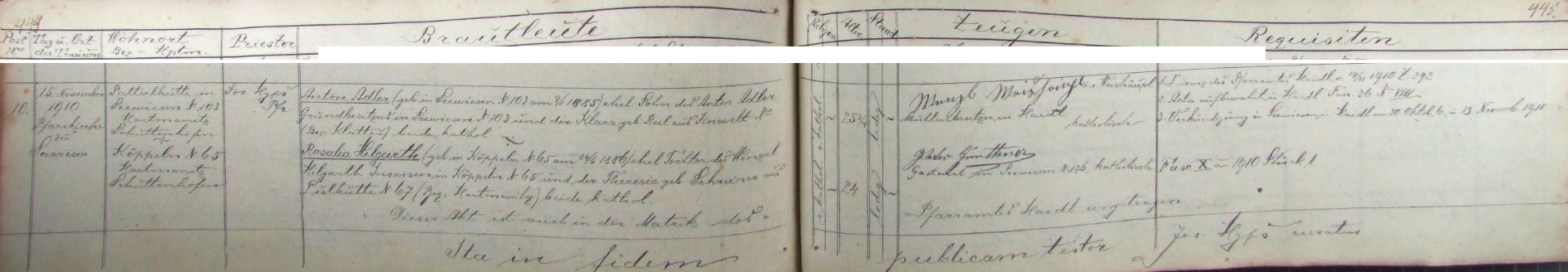 Záznam o svatbě v zejbišské knize oddaných