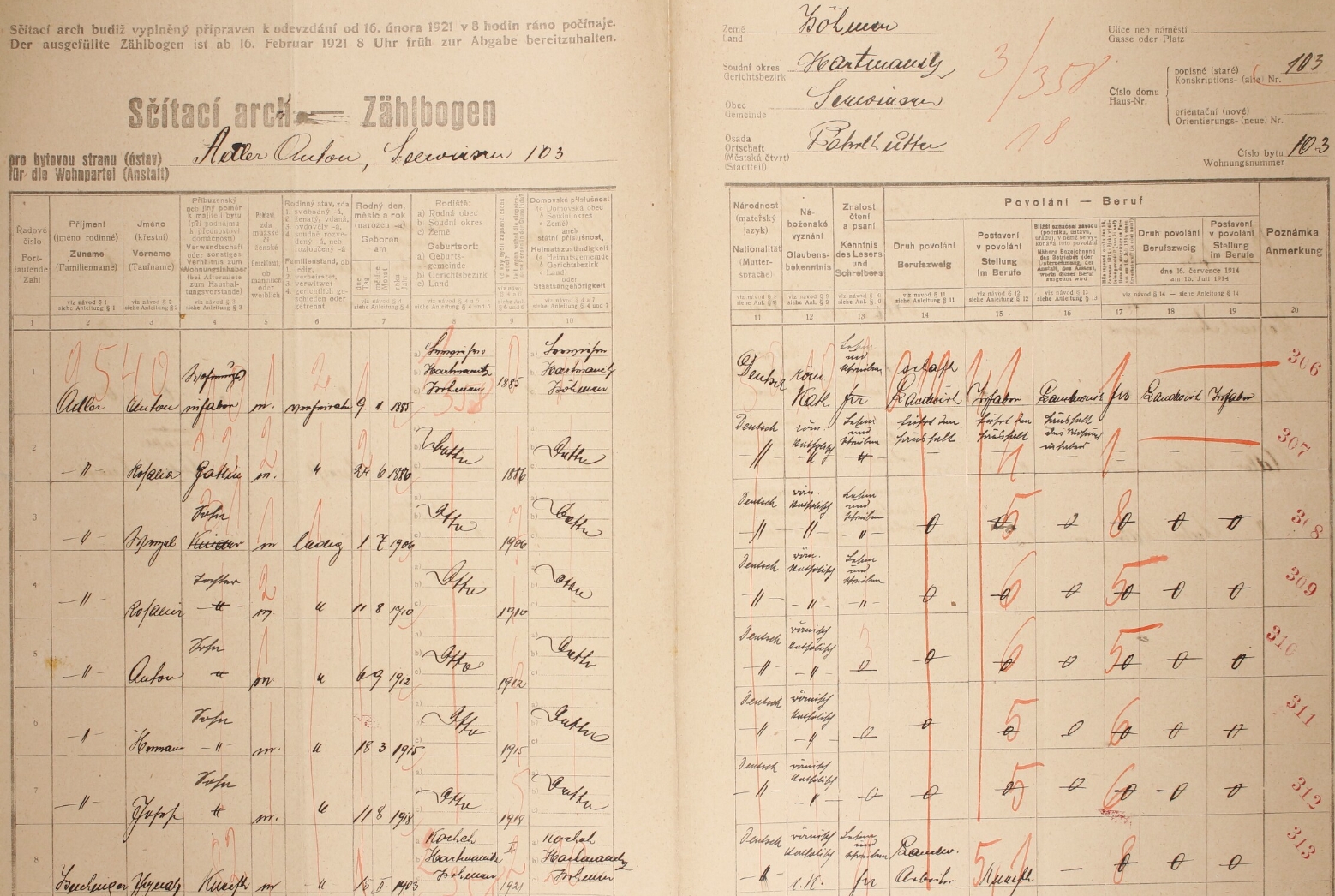 Arch sčítání lidu z roku 1921 pro stavení čp. 103 v Javorné, Páteříkovou Huť