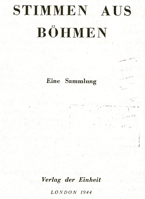 Titulní list antologie "Stimmen aus Böhmen", kterou roku 1944 vydal v Londýně exilový komunista Pavel Reiman (Paul Reimann) a kde je "Urban Roedl" také zastoupen