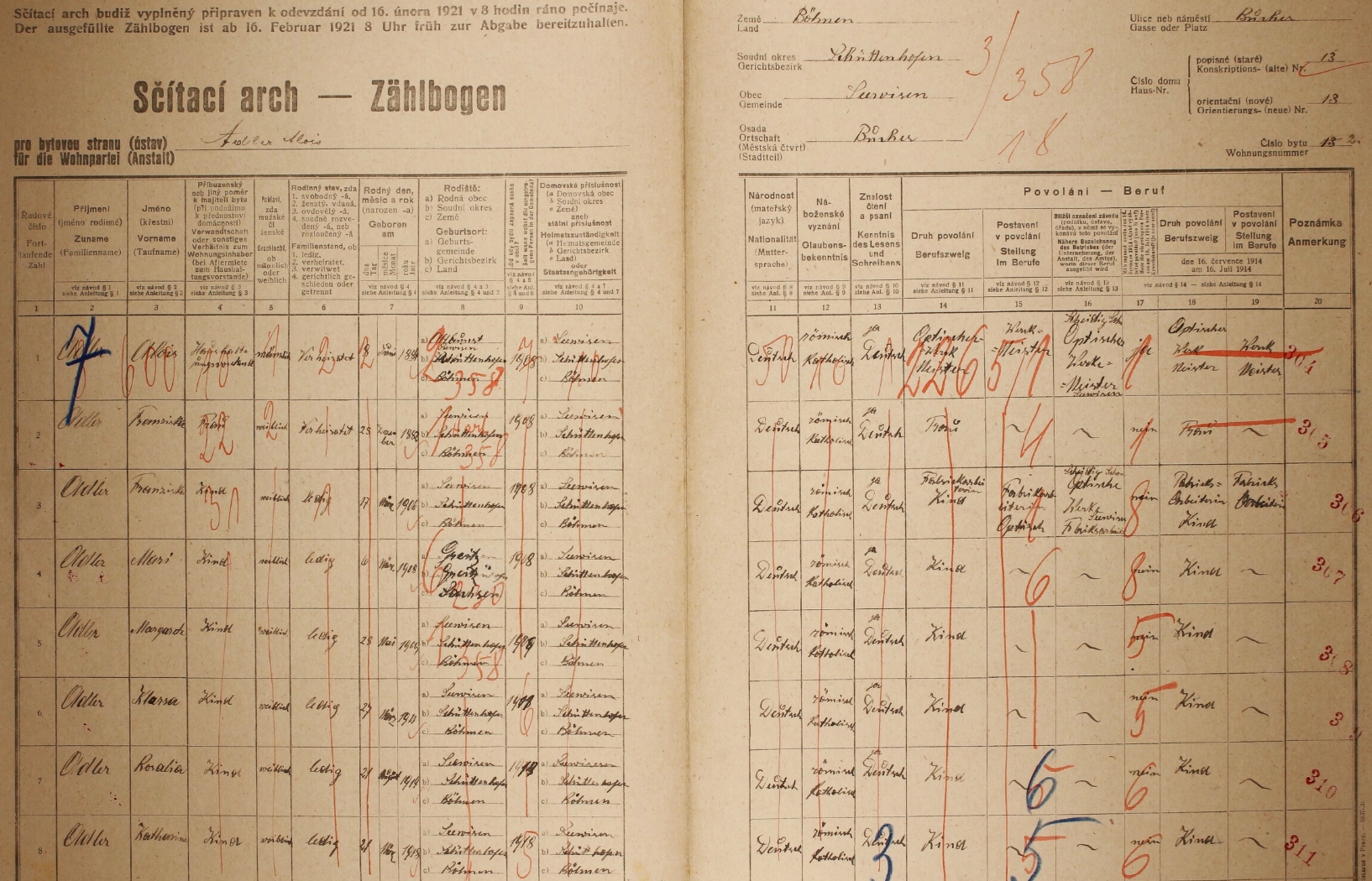 Arch sčítání lidu z roku 1921 pro stavení čp. 13 v Javorné s rodiči a sourozenci
