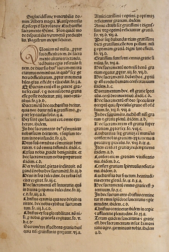 První a poslední strana tisku Summa de eucharistiae sacramento (1484)