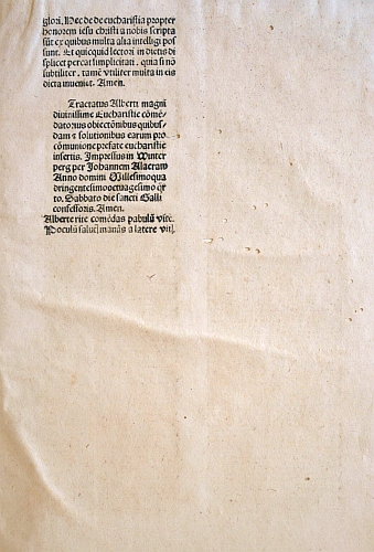 První a poslední strana tisku Summa de eucharistiae sacramento (1484)