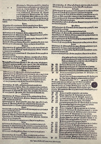 Faksimile Alacrawova tisku česky psaného minucí Vavřince z Rokycan na rok 1485 - tmavé kolečko vpravo je nejstarší známé vyobrazení Měsíce v českých tištěných pramenech