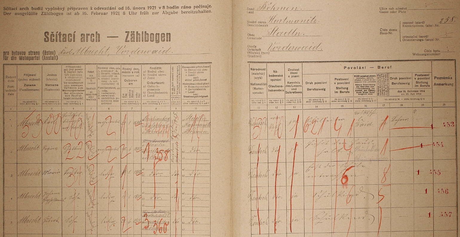 Arch sčítání lidu z roku 1921 pro školu v Předních Paštích