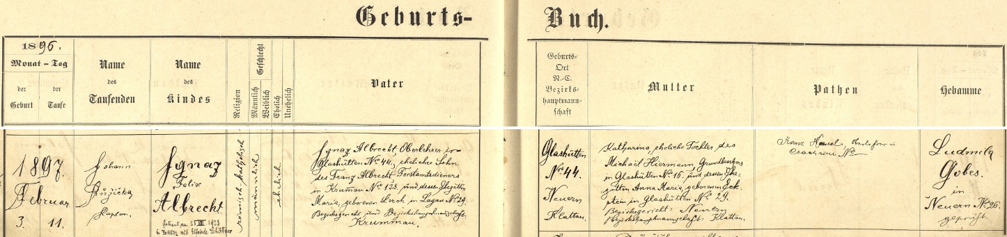 Záznam nýrské křestní matriky o narození syna Ignaze Felixe ve Skelné Huti s pozdějším přípisem o synově svatbě roku 1923 ve dnes zcela zaniklé vsi Sedlec na Karlovarsku