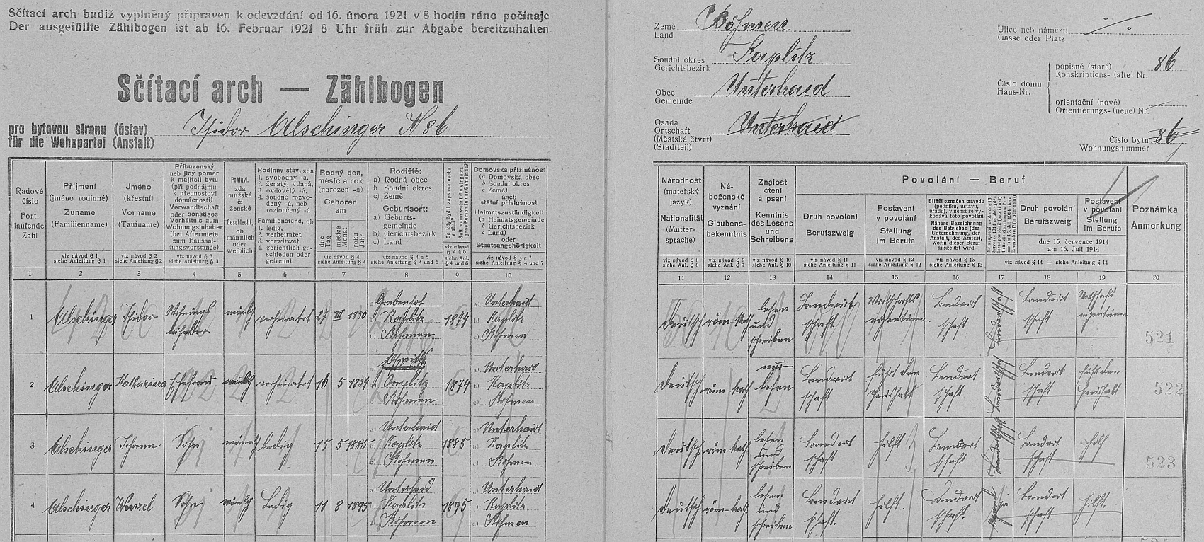 Arch sčítání lidu z roku 1921 pro dům čp. 86 v Dolním Dvořišti s rodinou Alschingerovou včetně jejího budoucího manžela