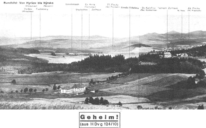 Německá a česká celnice u Svaté Kateřiny na tajném panoramatickém záběru německého wehrmachtu z roku 1938, který objevil po letech Reinhold Fink v jednom německém antikvariátě a zveřejnil v červnovém čísle krajanského měsíčníku v roce 2012