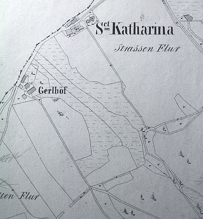 Mapa stabilního katastru z roku 1837 zachycuje i kostel a Gerlhof blízko něj