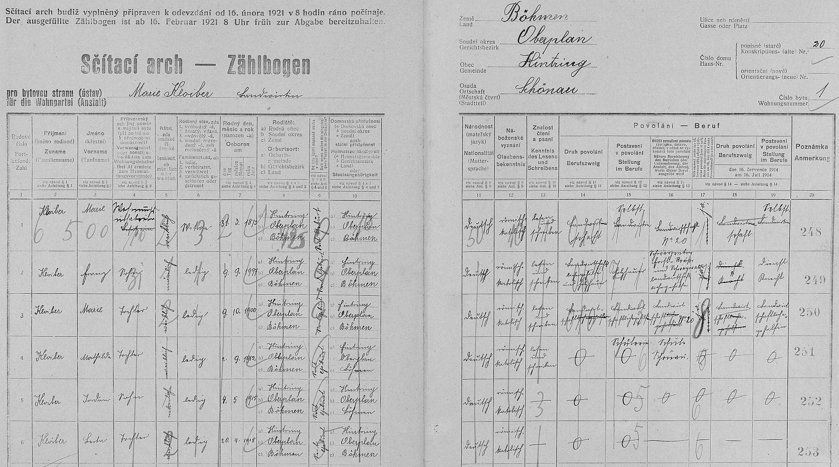 Arch sčítání lidu z roku 1921 pro stavení čp. 20 v Šenavě se vdovou po Adalbertu Kloiberovi (*21. dubna 1870 v Šenavě) Marií, roz. Spanbauerovou (*31. března 1873 v Šenavě) a jejími dětmi, mezi nimiž figuruje i její otec Franz