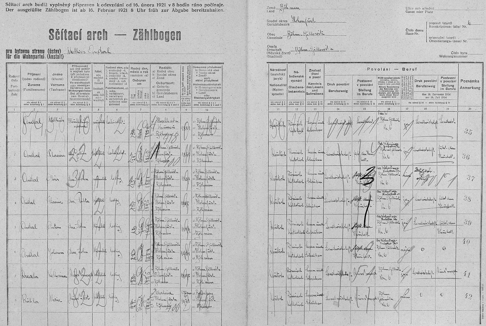 Arch sčítání lidu z roku 1921 stavení čp. 6 v Horních Jílovicích (podle archivního popisu v "Českém Jílovci"