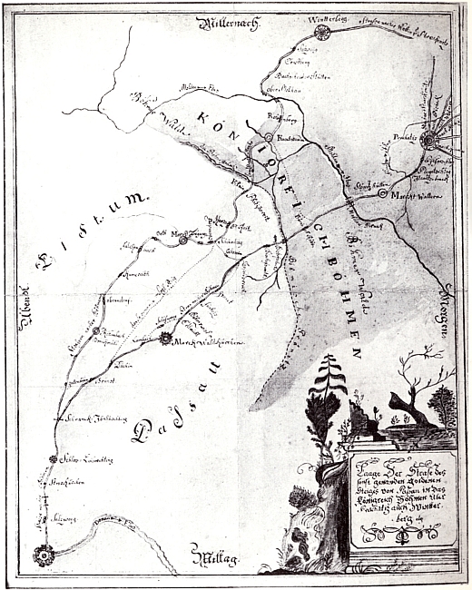 Mapa Zlaté stezky z doby kolem roku 1735 neopomíjí ani Volary