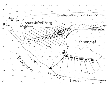 Plánek někdejšího Gsengetu a Horních Ždanidel s Vintířovou stezkou přes Zlatý stoleček