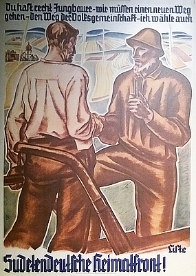 Plakáty Sudetendeutsche Heimatfront a Sudetendeutsche Partei v expozici Sudetoněmeckého muzea v Mnichově...