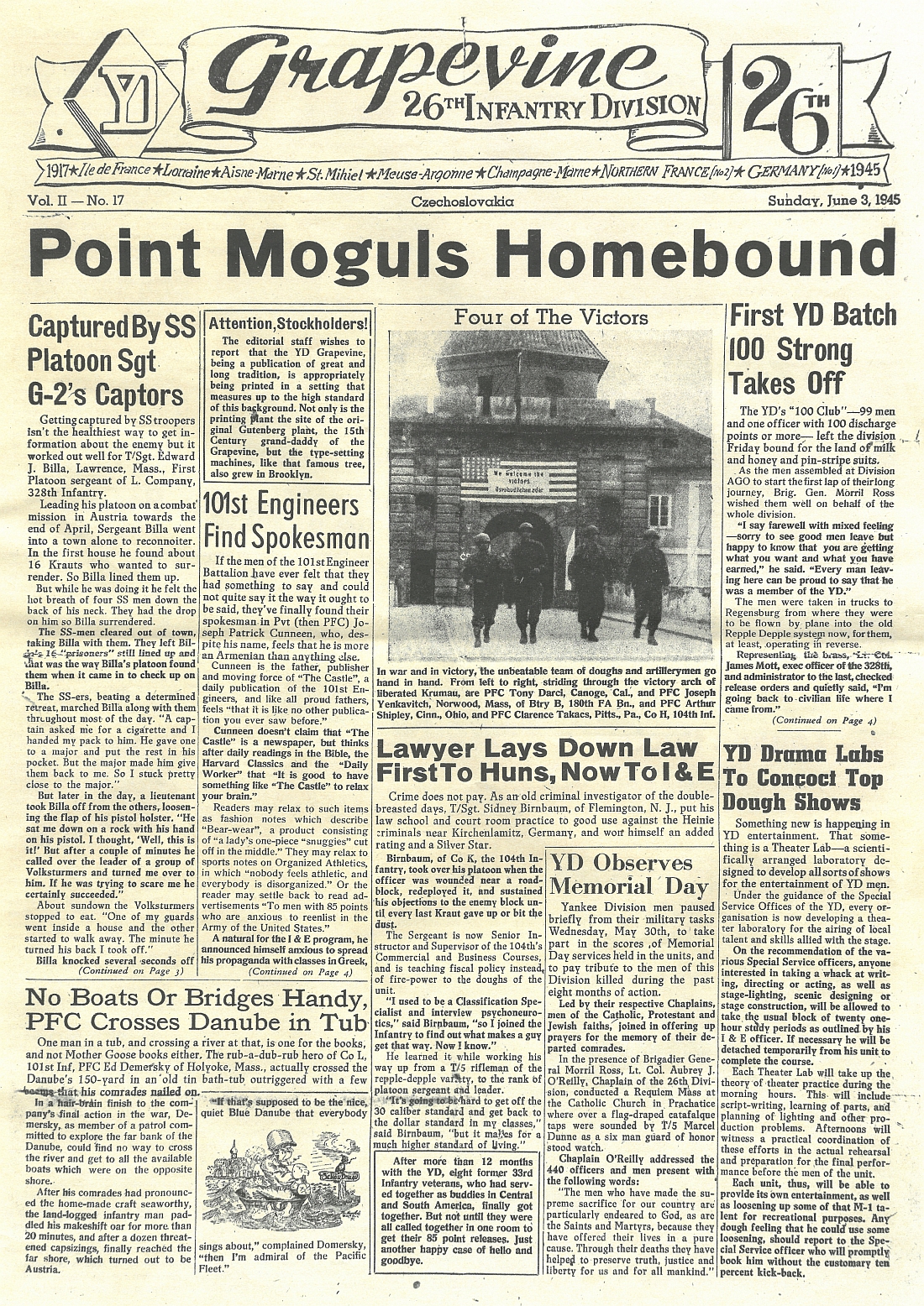 Titulní list novin 26. pěší divize americké armády, známé také jako "Yankee Division", která se v květnu 1945 podílela na osvobození Šumavy, s fotografií z Českého Krumlova