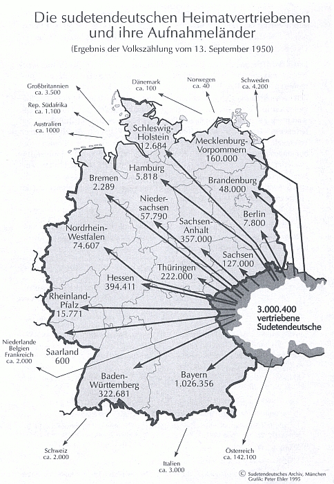 Na mapě zachycující výsledky odsunu podle počtu vyhnanců v zemích jejich "příjmu" je patrná převaha Šumavanů v americké zóně, kterou Bavorsko po válce bylo