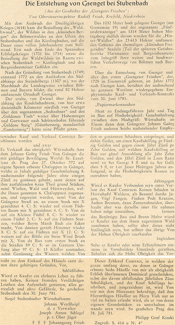 O vzniku vsi Gsenget tu píše na stránkách krajanského měsíčníku v roce 1955 jeden z rodu Frischů