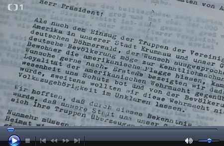 Reportáž České televize z cyklu Toulavá kamera o Zemské výstavě v Českém Krumlově zachycuje mimo jiné i dopis prezidentu Trumanovi - na přípravě této části výstavy se podíleli autoři elektronické knihy Kohoutí kříž