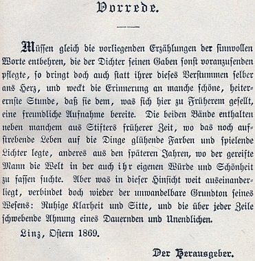 Vazba, předsádka a titulní list (1894) a předmluva z roku 1869 k jeho vydání Stifterových povídek ze spisovatelovy pozůstalosti