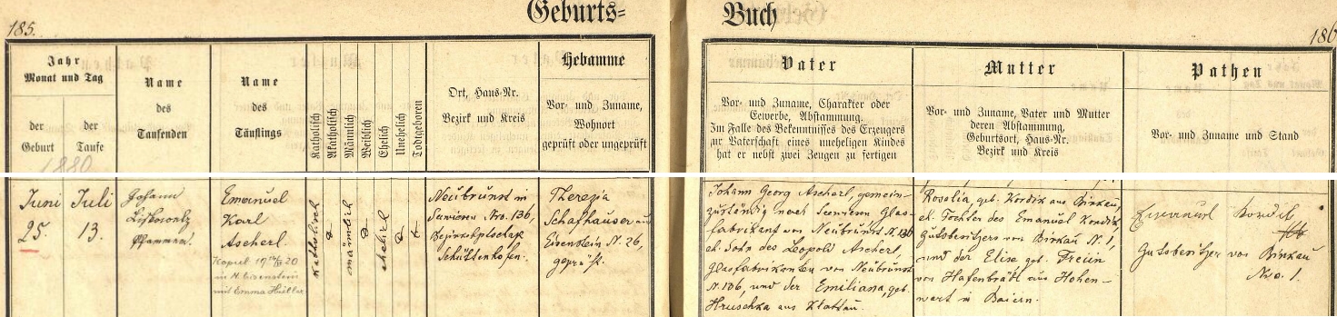 Narodil se podle tohoto záznamu zejbišské křestní matriky dne 25. června roku 1880 v Novém Brunstu a až 13. července ho v kostele sv. Anny v Zejbiši (dnes Javorná, místní část obce Čachrov) farář Johann Liskowetz pokřtil jménem Emanuel Karl Ascherl - novorozencův otec Johann Georg Ascherl je tu psán jako "Glasfabrikant", tj. výrobce skla v Novém Brunstu čp. 136, kde vlastnil sklářskou huť už jeho otec Leopold Ascherl s chotí Emilianou, roz. Hruschkovou z Klatov, chlapcova matka byla dcerou Emanuela Kordika, majitele statku v Březí (Birkau) u Čachrova čp. 1 (je tu podepsán i jako kmotr dítěte, které po něm zřejmě dostalo i prvé z obou křestních jmen), a Elise, roz. svobodné paní (rozuměj baronky) von Hafenbrädl z Hohenwartu v Bavořích - pozdější až přípis nás pak zpravuje o svatbě Emanuela Ascherla dne 14. června roku 1920 v železnorudském kostele Panny Marie Pomocné z hvězdy s Emmou Hüllerovou