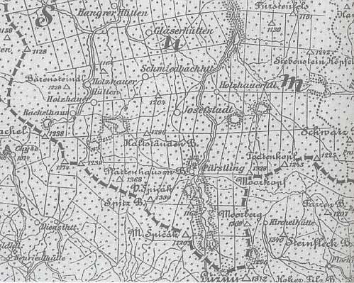 Jen pro srovnání, jak vyhlíželo okolí Březníku a tedy i Josefstadtu z hlediska osídlení na Podrobné mapě Království českého z přelomu 19. a 20. století a dnes