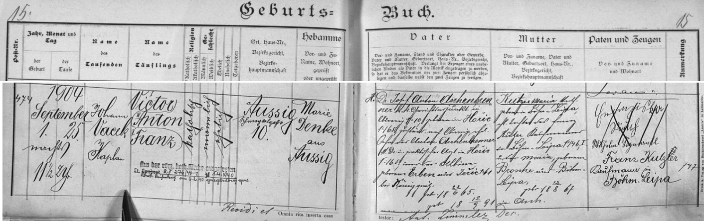 Záznam o jeho narození v křestní matrice Ústí nad Labem s přípisem o vystoupení z katolické církve