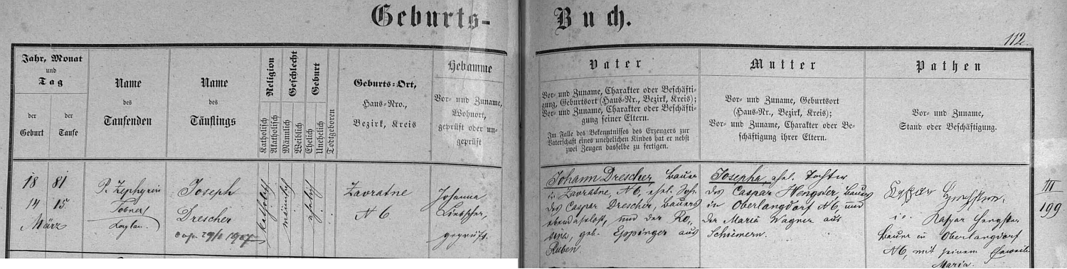 Záznam křestní matriky v Rožmberku nad Vltavou o narození jejího otce i s přípisem o datu svatby rodičů