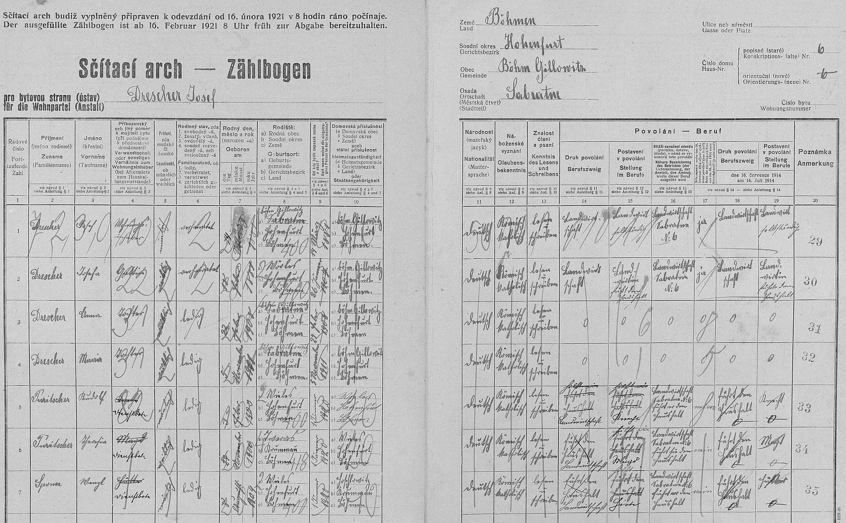 Arch sčítání lidu z roku 1921 stavení čp. 6 v Závratné ještě bez ní...