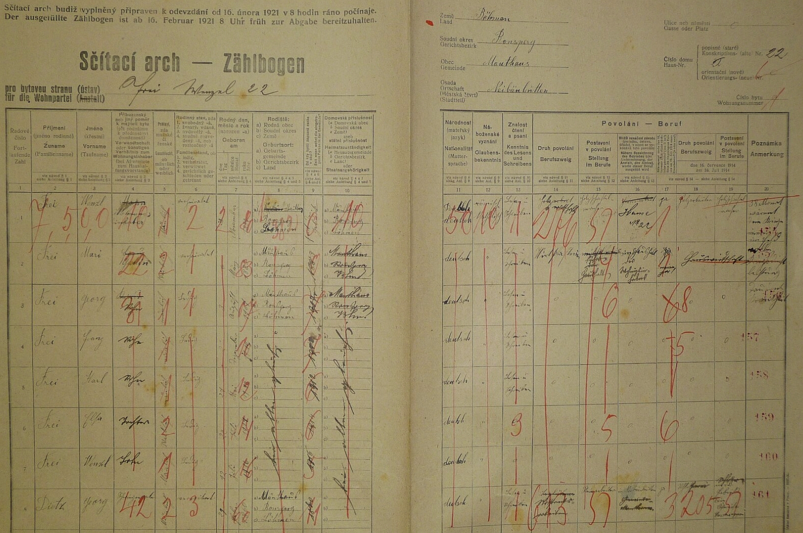 Arch sčítání lidu z roku 1921 pro dům čp. 22 v Novosedelských Hutích s rodinou Freiovou