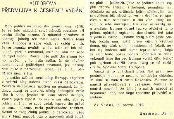 Obálka (1912) a předmluva českého vydání jeho úvah o Rakousku