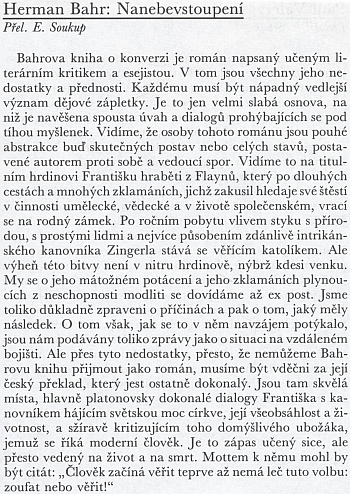 Recenze českého překladu Bahrova románu Nanebevstpoupení v časopise Tvar z roku 1929, jejímž autorem pod šifrou J.Z. byl básník Jan Zahradníček