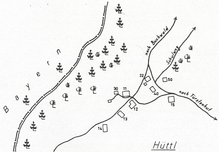 Zaniklá osada Chaloupky (Hüttl) na mapce s čísly stavení