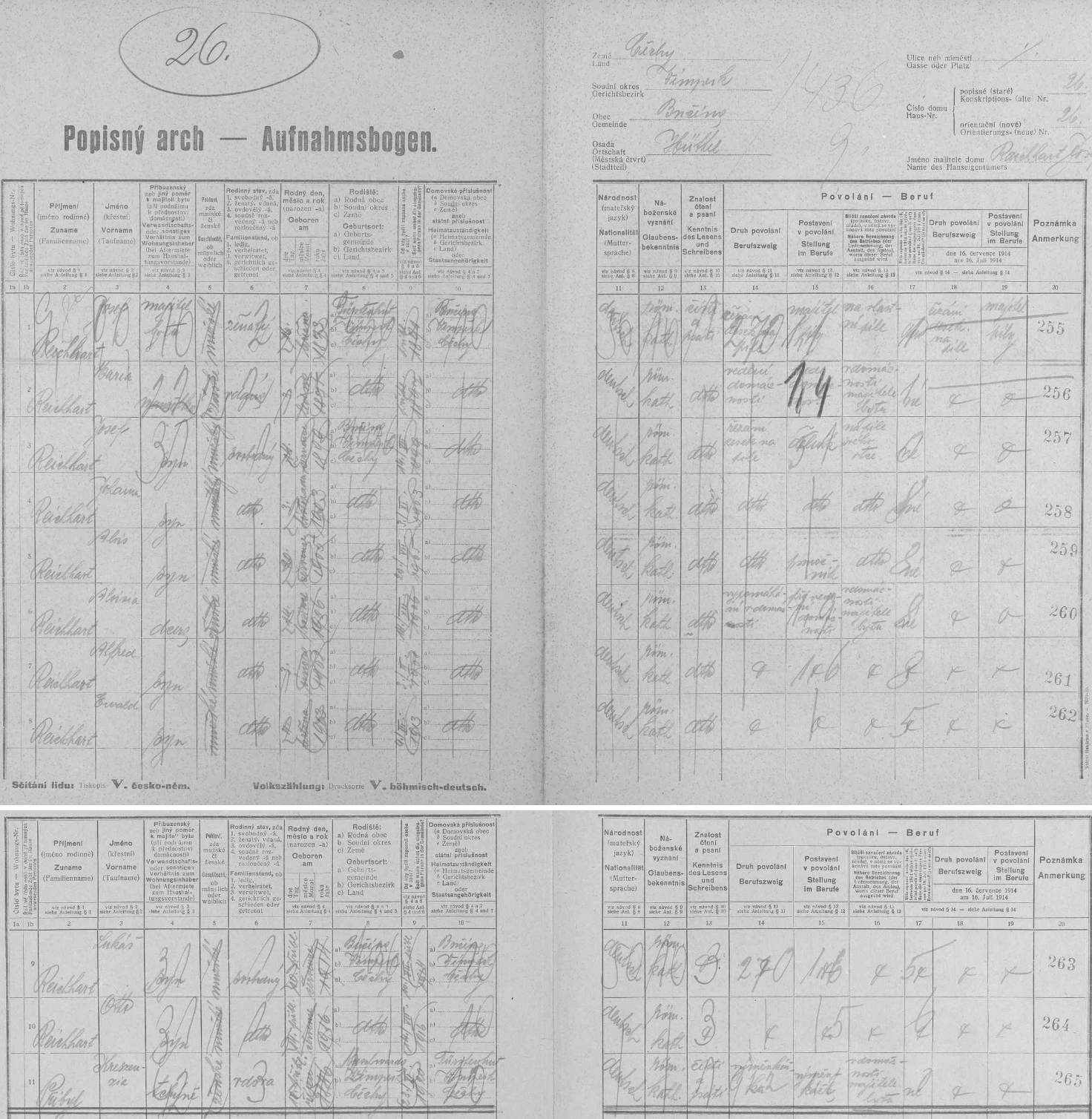 Dva archy sčítání lidu z roku 1921 pro pilu dědečka Reicharta, stavení čp. 26, kde se Johann Baier o 6 let později narodil