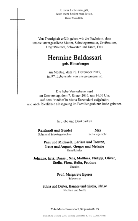 Parte Hermine Baldassariové, narozené jako Hermine Hinterbergerová v dolnorakouském městysi Brunn am Gebirge dne 1. prosince roku 1919 a ve válečném roce 1943 provdané za Roberta Baldassariho