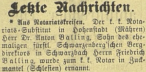 Zpráva o jeho jmenování notářem ve Zlatých Horách (Zuckmantel) v roce 1903 v českobudějovickém německém listu připomíná i jeho otce