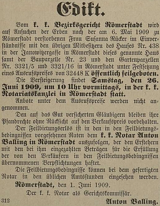 Toto nařízení nechal otisknout v novinách v roce 1909 už jako notář v Rýmařově