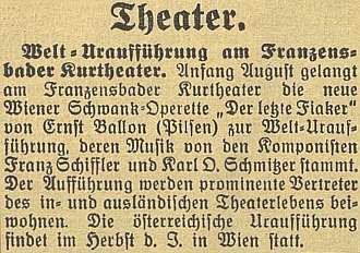 Zpráva českobudějovického měmeckého listu o&nbsp;františkolázeňské světové premiéře operety, k níž napsal libreto