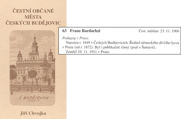 Obálka seznamu čestných občanů města České Budějovice s otcovým jménem (vydalo Město České Budějovice prostřednictvím společnosti A Tempo)