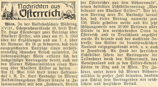 Zpráva krajanského měsíčníku o jeho vídeňské přednášce z května 1953, věnované Adalbertu Stifterovi