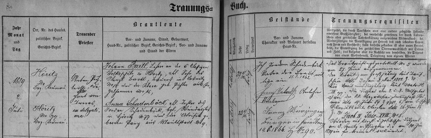Záznam hořické oddací matriky o zdejší svatbě rodičů dne 2. července roku 1889