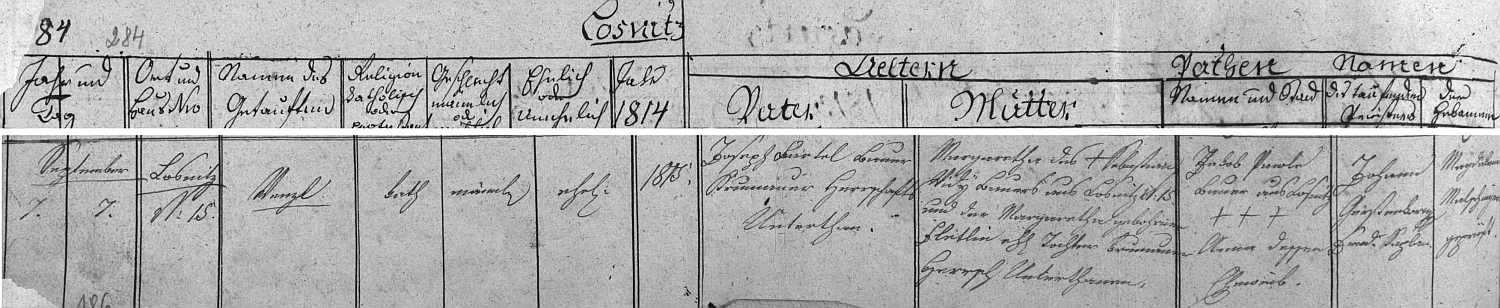 Záznam kájovské křestní matriky o narození děda Wenzla Bartla 7. září roku 1815 v Lazci čp. 15