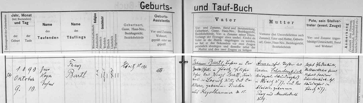 Podle záznamu v křestní matrice obce Hořice na Šumavě narodil se tu 9. října 1890 otci Johannu Bartlovi, učiteli zdejší obecné školy (synovi Wenzla Bartla, rolníka v Lazci, farnost Kájov, jehož žena Klara, roz. Pichlerová, pocházela z Bláhova mlýna, německy Kegelhammer, čp. 15), matkou novorozence byla Anna, dcera Jordana Schadenböcka, hořického ranhojiče (Wundarzt) a jeho ženy Aloisie, roz. Panyové, z Mýta čp. 9