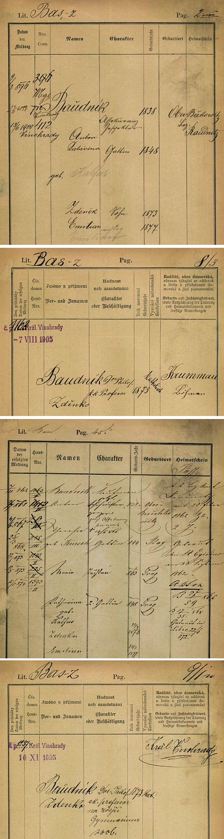 Hned několik pražských pobytových přihlášek rodiny Baudníkovy i jeho samého